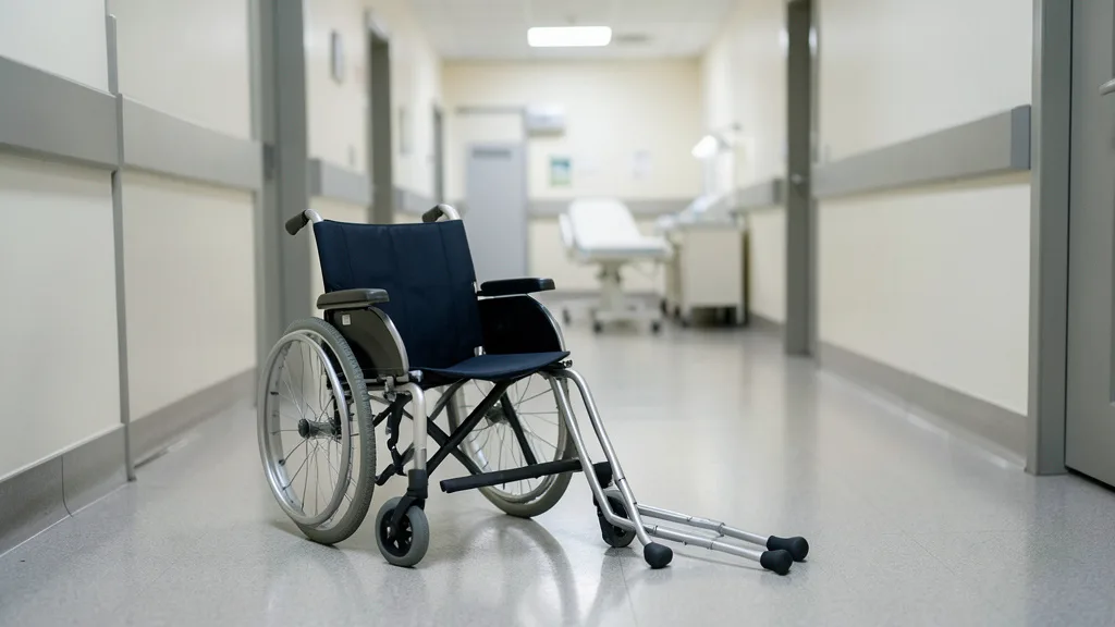 Imagem gerada por IA: Muletas e cadeira de rodas em um corredor de hospital, perto de uma sala de recuperação ortopédica.