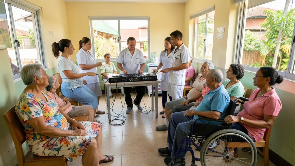 Imagem gerada por IA: Equipe e pacientes participam de uma atividade musical em uma sala de hospital.