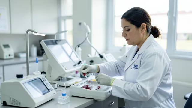 Imagem gerada por IA: Profissional de saúde prepara uma amostra de sangue em laboratório hospitalar.