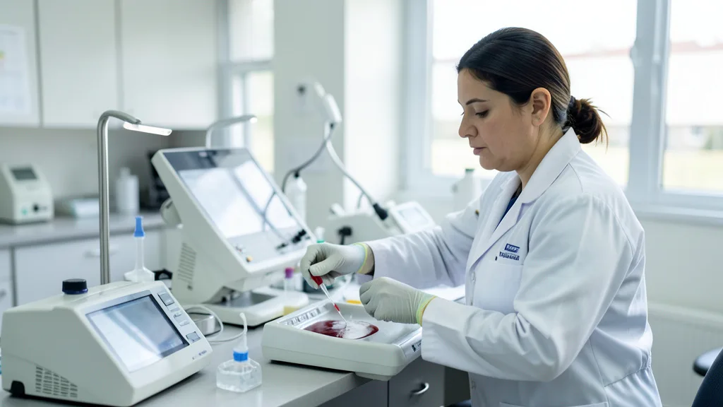 Imagem gerada por IA: Profissional de saúde prepara uma amostra de sangue em laboratório hospitalar.