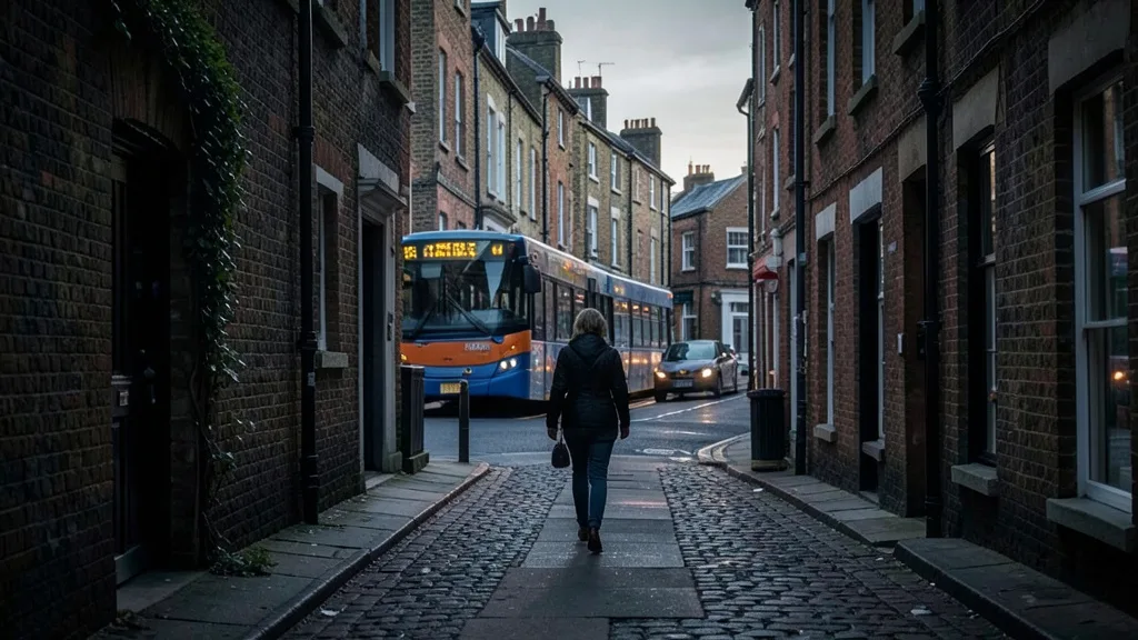 Imagem gerada por IA: Beco em Londres ao anoitecer, com um ônibus ao fundo.