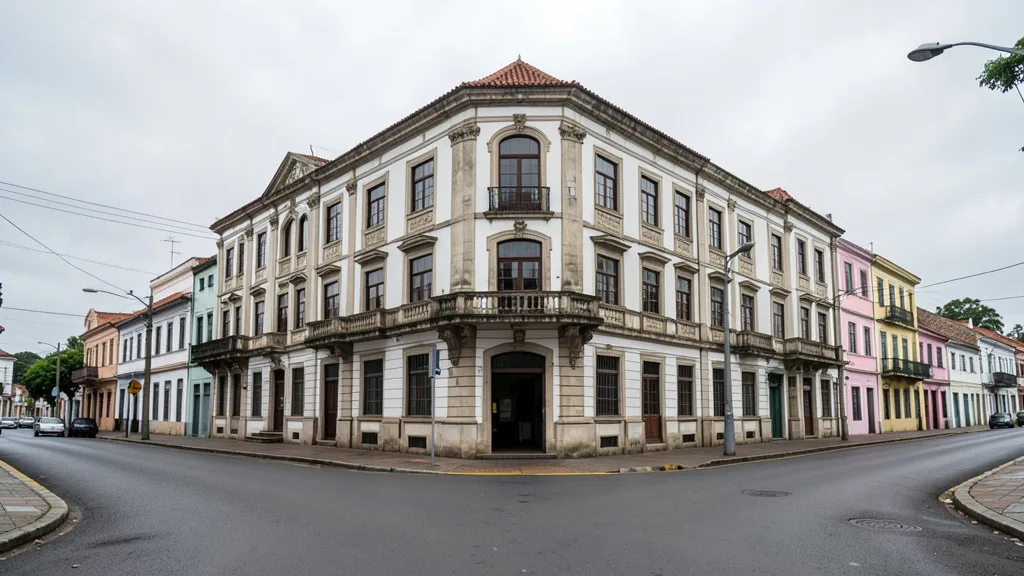 Imagem gerada por IA: Fachada de um hotel de vários andares em uma rua do centro de Pelotas.