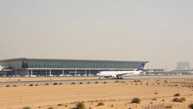 Imagem gerada por IA: Avião comercial taxiando diante de um terminal do Aeroporto Internacional Rei Khalid, em Riad.