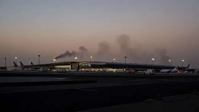 Imagem gerada por IA: Terminal de aeroporto em Riyadh com fumaça ao fundo e veículos de emergência.