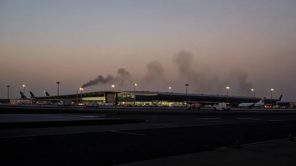 Imagem gerada por IA: Terminal de aeroporto em Riyadh com fumaça ao fundo e veículos de emergência.