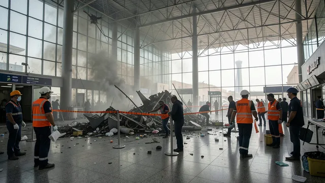 Imagem gerada por IA: Equipes inspecionam um terminal de aeroporto danificado após um ataque.