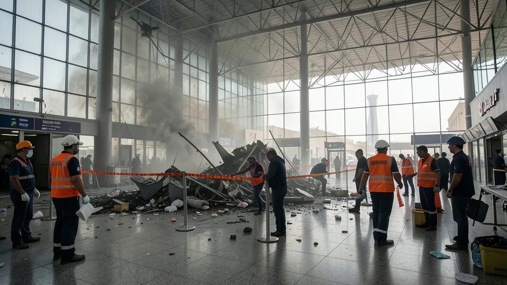Imagem gerada por IA: Equipes inspecionam um terminal de aeroporto danificado após um ataque.