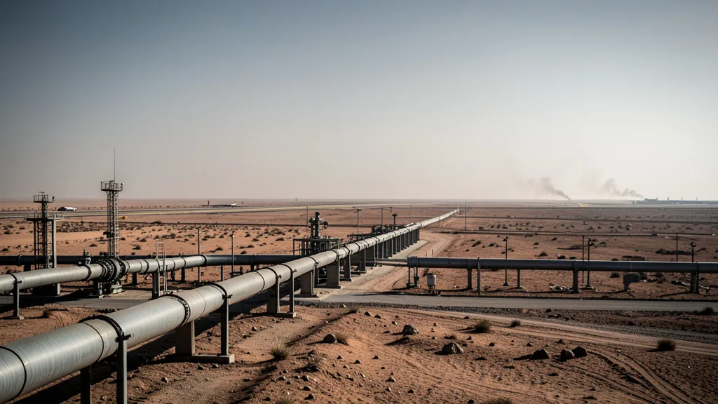 Imagem gerada por IA: Oleoduto em uma paisagem desértica da Arábia Saudita, com fumaça ao longe.