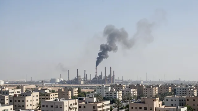 Fumaça escura sobe de uma instalação industrial em meio a edifícios baixos.