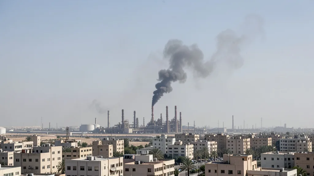 Fumaça escura sobe de uma instalação industrial em meio a edifícios baixos.