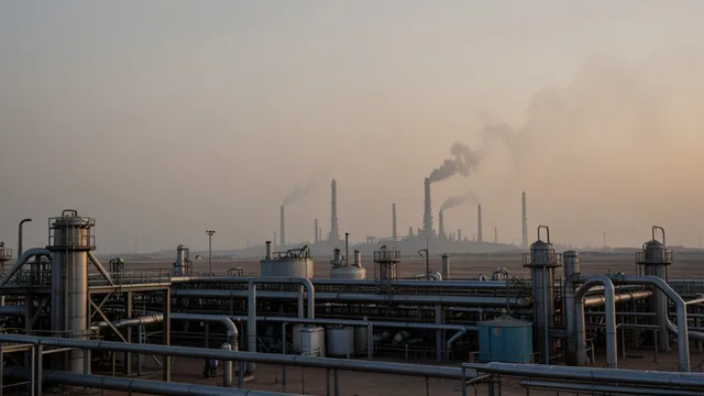 Imagem gerada por IA: Instalações petrolíferas com tubulações e estruturas industriais sob um céu enevoado.