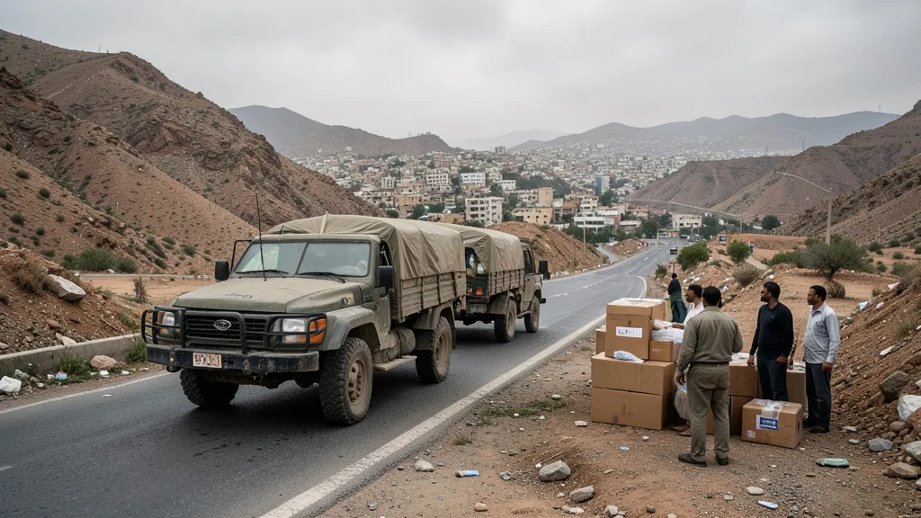 Imagem gerada por IA: Caminhão de ajuda parado em uma estrada bloqueada perto de Taiz, no Iêmen.