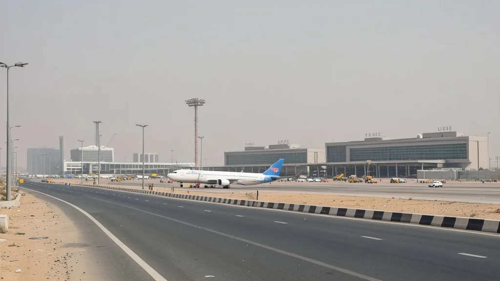 Imagem gerada por IA: Aeroporto Internacional Rei Khalid, em Riad, com um avião comercial parado no pátio.