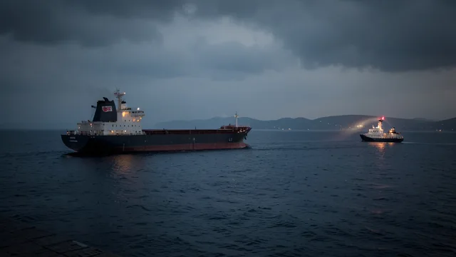 Imagem gerada por IA: Navio de carga no Mar Negro enquanto uma embarcação de resgate procura sobreviventes.