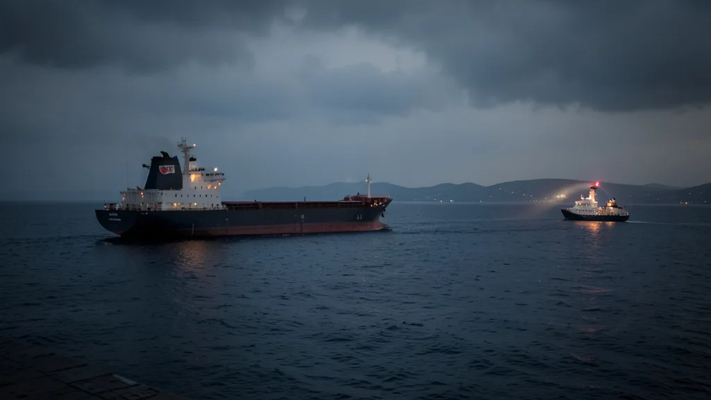 Imagem gerada por IA: Navio de carga no Mar Negro enquanto uma embarcação de resgate procura sobreviventes.