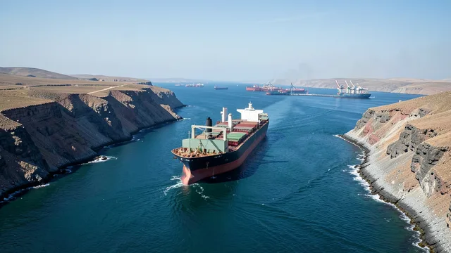 Imagem gerada por IA: Navio petroleiro atravessa o Estreito de Ormuz, entre áreas costeiras e instalações portuárias.