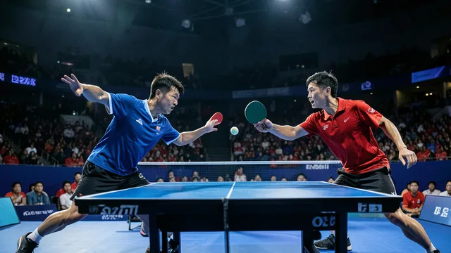 Imagem gerada por IA: Dois jogadores disputam uma partida de tênis de mesa em uma arena.