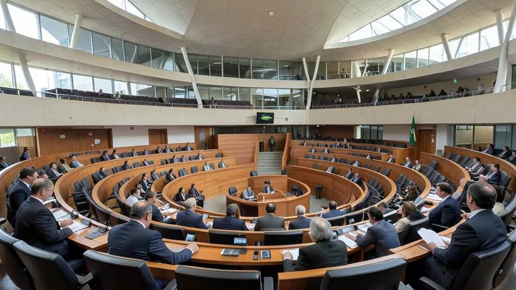 Imagem gerada por IA: Plenário da Câmara dos Deputados, em Brasília, durante conversas entre parlamentares.