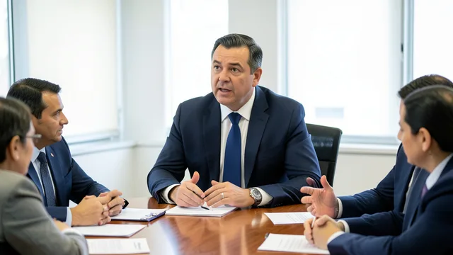 Imagem gerada por IA: Hugo Motta fala durante reunião em uma sala institucional.