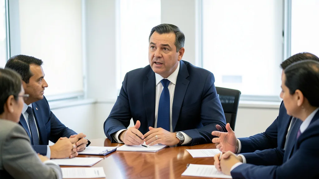 Imagem gerada por IA: Hugo Motta fala durante reunião em uma sala institucional.