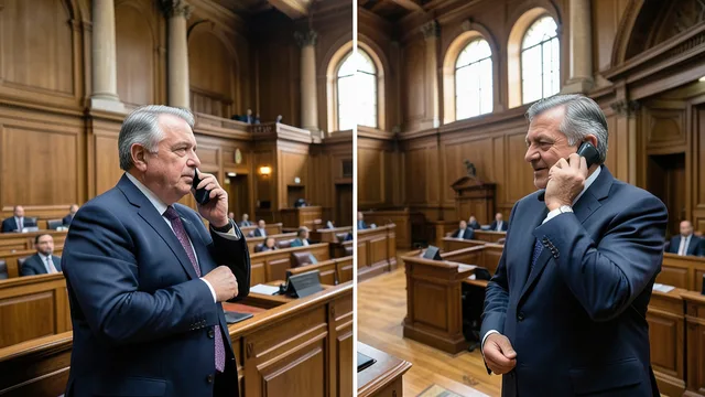 Imagem gerada por IA: Dois parlamentares em trajes formais conversam ao telefone em um prédio do Congresso.