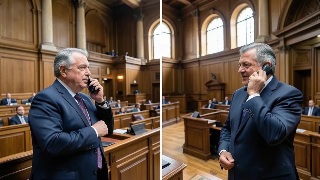 Imagem gerada por IA: Dois parlamentares em trajes formais conversam ao telefone em um prédio do Congresso.