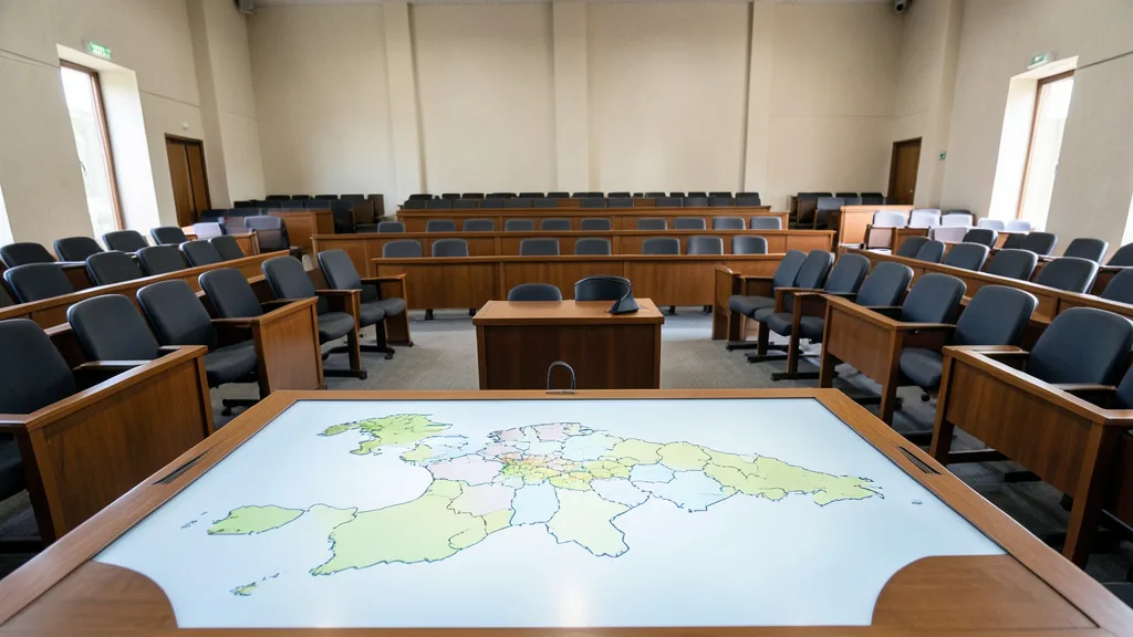 Imagem gerada por IA: Plenário legislativo ao fundo e mapa de distritos eleitorais sobre uma mesa.