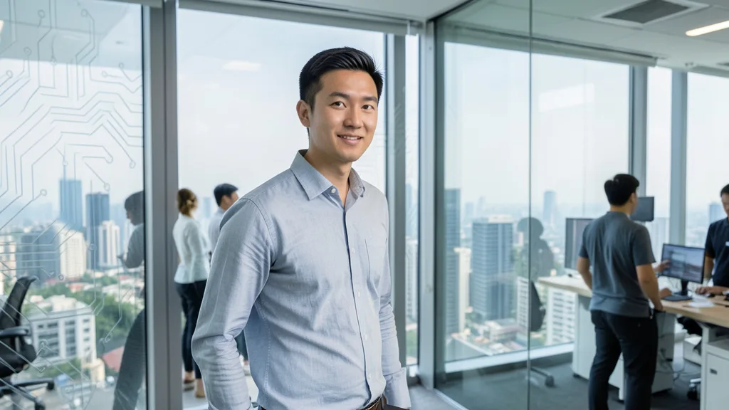 Imagem gerada por IA: Empresário de tecnologia em um escritório moderno com vista para uma cidade chinesa.