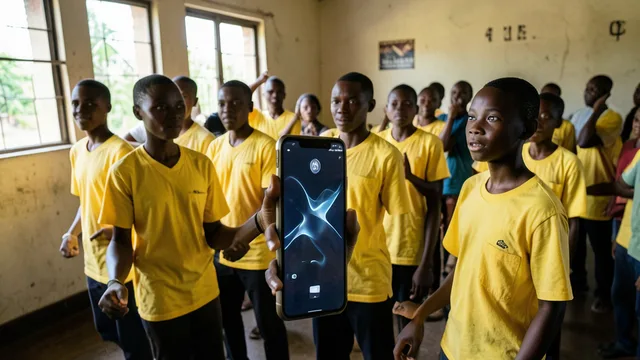 Imagem gerada por IA: Jovens dançarinos de Uganda em uma sala comunitária, ao lado de um celular.