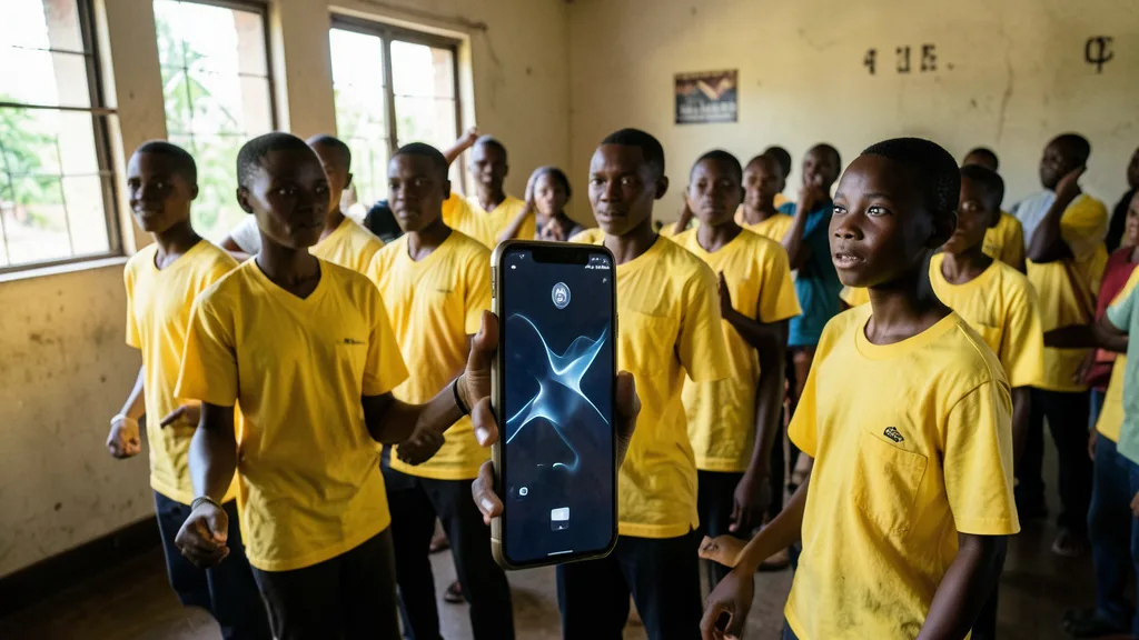 Imagem gerada por IA: Jovens dançarinos de Uganda em uma sala comunitária, ao lado de um celular.