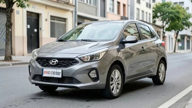 Imagem gerada por IA: Hatch compacto estacionado em uma rua urbana, em fotografia editorial automotiva.