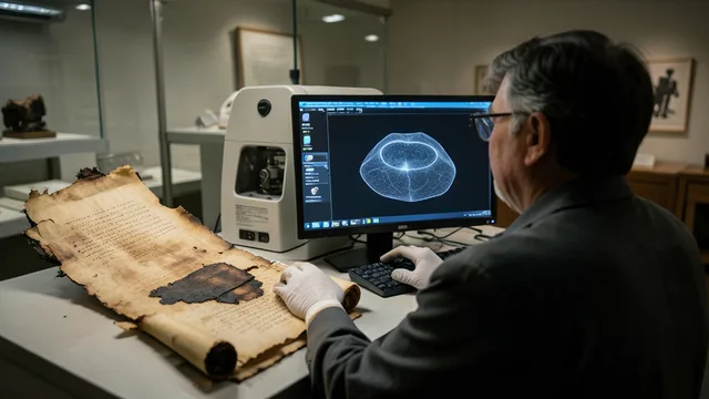 Imagem gerada por IA: Papiro carbonizado sendo analisado em um laboratório com equipamento de raios X.