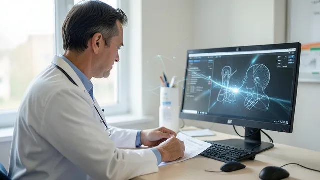 Imagem gerada por IA: Médico analisa um prontuário digital em uma estação de trabalho clínica.