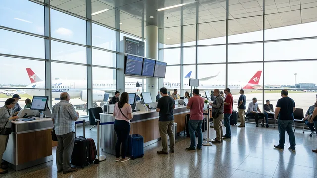 Imagem gerada por IA: Passageiros aguardam atendimento em um aeroporto, com um avião ao fundo.