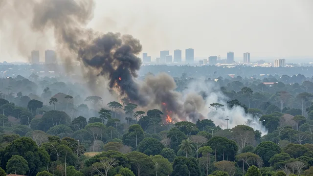 Imagem gerada por IA: Fumaça de incêndios cobre uma área de floresta próxima a Manaus.