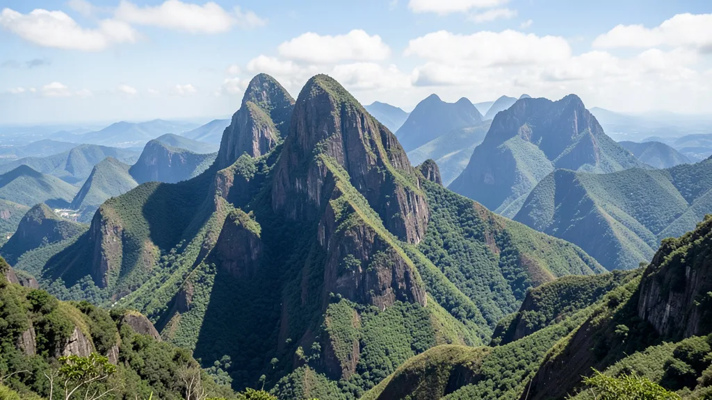 Imagem gerada por IA: Montanhas de cristas acentuadas e encostas íngremes em uma paisagem brasileira.