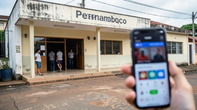 Fachada de um prédio da Justiça e, em primeiro plano, um celular associado a apostas on-line.