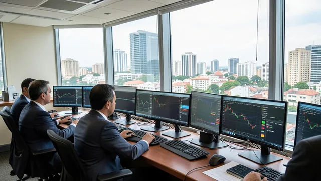 Imagem gerada por IA: Investidores acompanham o mercado financeiro em uma sala de operações em São Paulo.