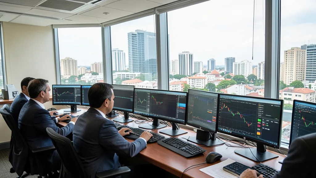 Imagem gerada por IA: Investidores acompanham o mercado financeiro em uma sala de operações em São Paulo.