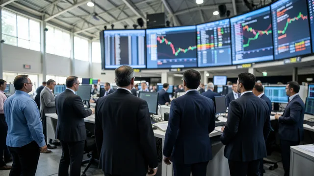 Imagem gerada por IA: Operadores acompanham o mercado em uma bolsa de valores.