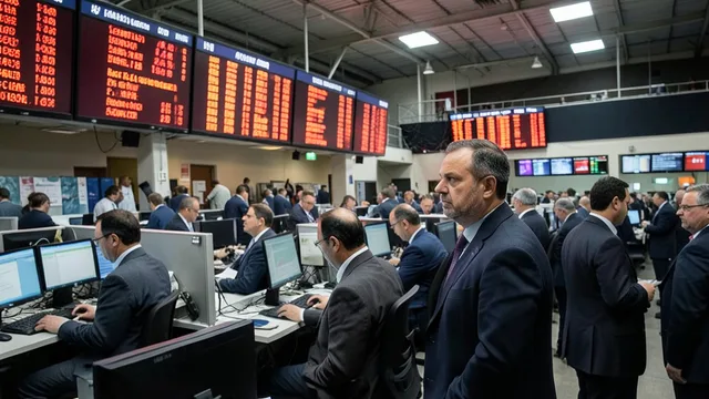 Imagem gerada por IA: Operadores acompanham a queda das ações em um pregão da bolsa.