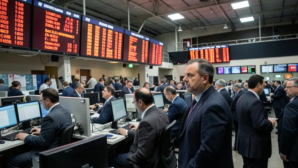 Imagem gerada por IA: Operadores acompanham a queda das ações em um pregão da bolsa.