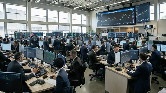 Imagem gerada por IA: Operadores acompanham o mercado financeiro em um pregão de queda na bolsa brasileira.