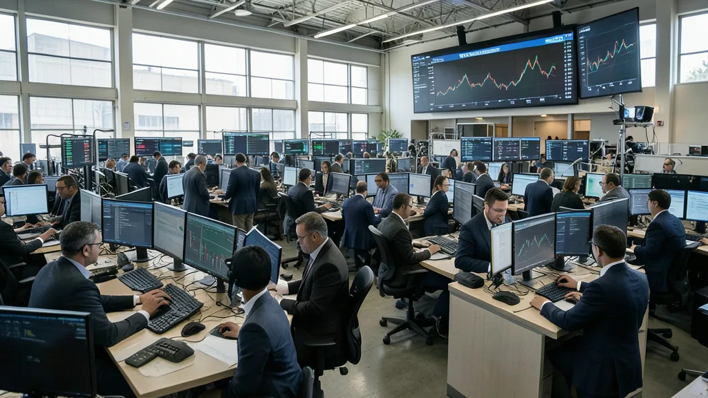 Imagem gerada por IA: Operadores acompanham o mercado financeiro em um pregão de queda na bolsa brasileira.