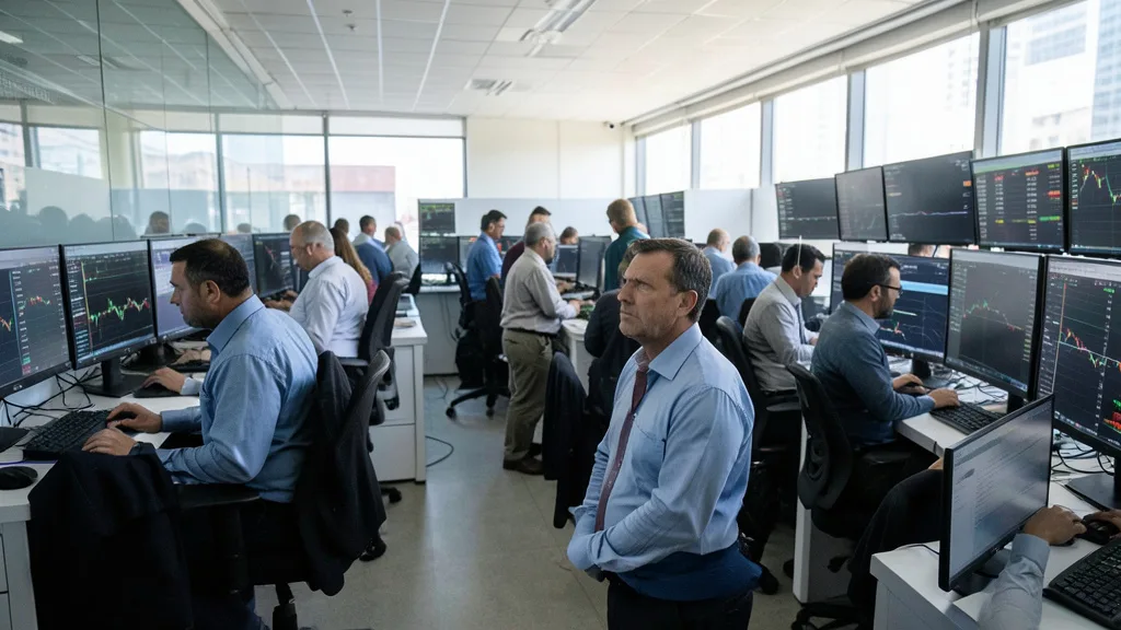 Imagem gerada por IA: Operadores acompanham o mercado financeiro em uma sala de negociação.