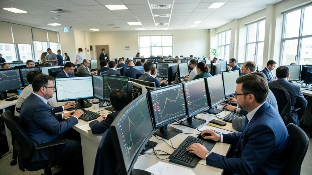 Imagem gerada por IA: Investidores acompanham o mercado financeiro em uma sala de operações da Bolsa.