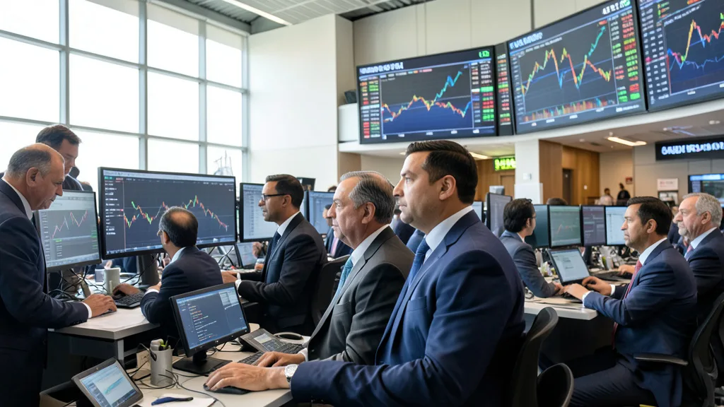 Imagem gerada por IA: Operadores acompanham as negociações em um ambiente da bolsa de valores.