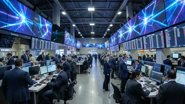 Imagem gerada por IA: Investidores acompanham as negociações em um pregão da bolsa de valores.