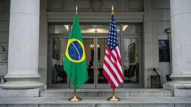 Imagem gerada por IA: Bandeiras do Brasil e dos Estados Unidos diante de um prédio governamental.