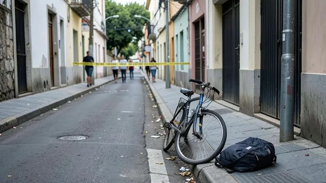 Bicicleta e mochila de entregador junto à calçada de uma rua da Bela Vista, em São Paulo.